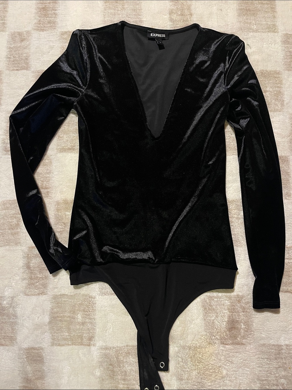 Express Black Velvet Deep V-Neck Long Sleeve Bodysuit